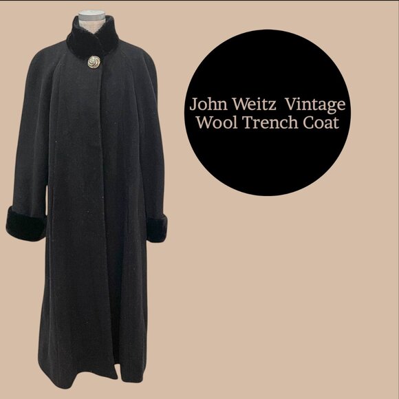 John Weitz Jackets & Blazers - John Weitz Vintage Wool Trench Coat – Faux Fur Trim Gold Button Accent Size 12P